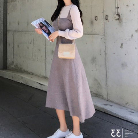 dream clothes Autumn and Winter New Korean Gentle Style Fake Two-Piece Temperament Slimming Inner Base Strap Knitted Dress