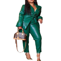 joker costume female outfit Fashionable Commuter plus Size Fashionable Leather Lace-up Blazer Pants Suit