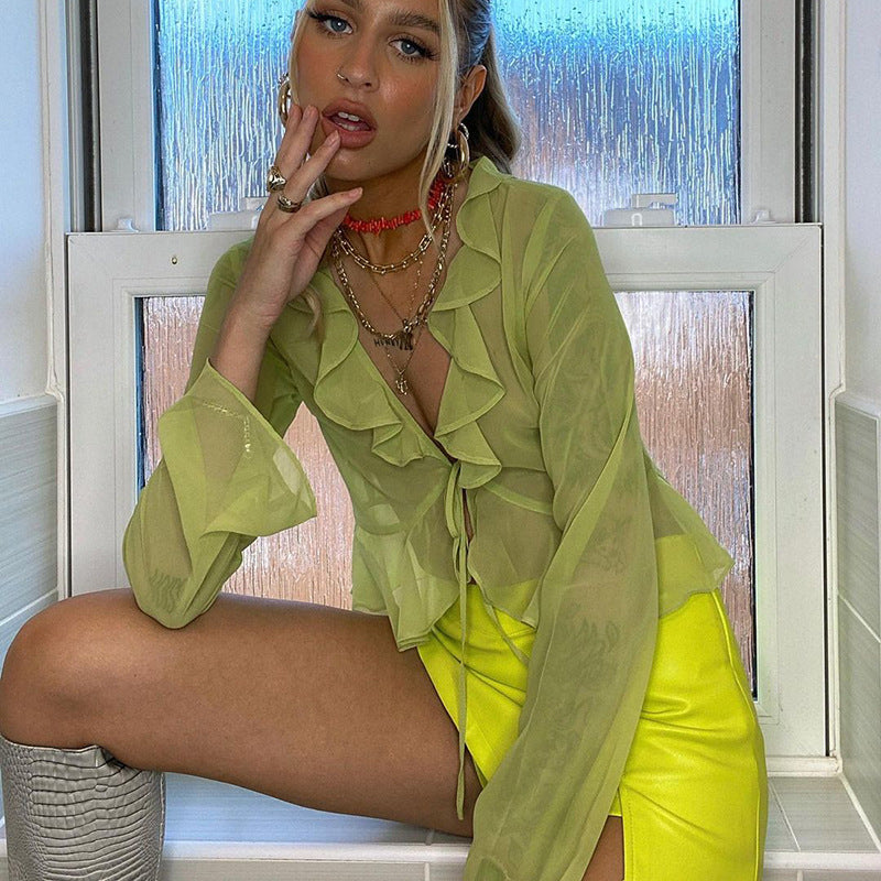 fruitful fashion dress to impress Fall 2024 Popular New Style Wooden Ear Lace-up Deep V-neck Long Sleeve Transparent Top Women's Clothing