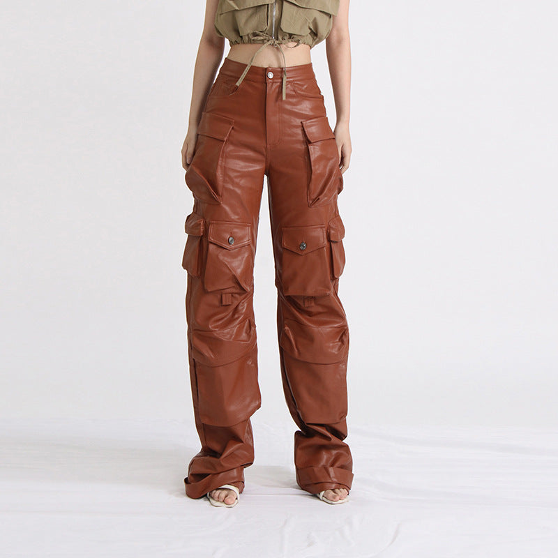 lookbook outfits Elegant High Waist Casual Leather Pants Spring New Fashion Design Stitching Pocket Loose Overalls for Women