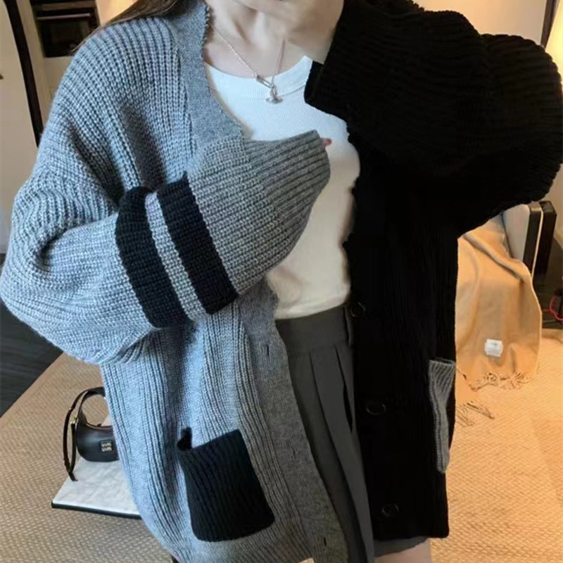 cold weather outfits Contrast Color Stitching Knitted Cardigan 2024 Autumn and Winter Korean Style Large Loose Lazy Style Sweater Coat