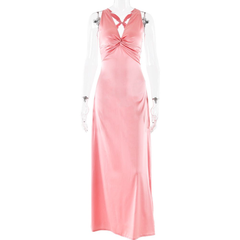 pink panther costume INS Style Fashion Sexy V-neck Lace-up Backless Dress Slim Satin Dress