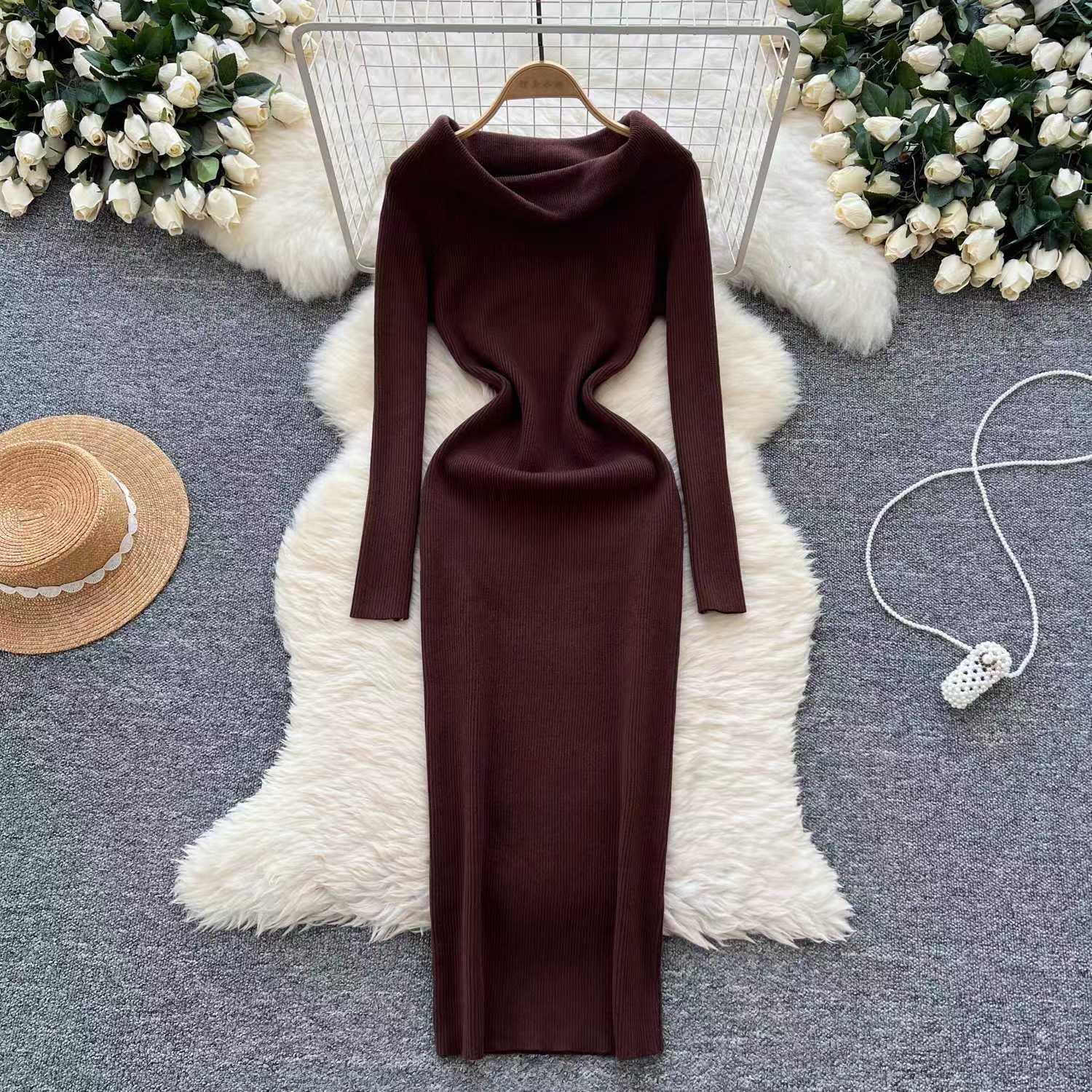 long sweater dress outfit Autumn and Winter Elegant Slim-Fit Sheath Slimming off-Shoulder Collarbone Black and White Stripe Knitted Dress