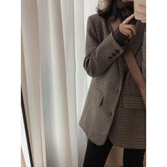 tyler the creator outfits Brown Houndstooth Woolen Suit Jacket for Women Autumn and Winter Korean Style Loose Lazy Woolen Coat