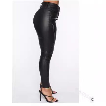 casual dinner outfit fall Fashionable Personalized Tight Casual Pants Women's Zipper Mid-Waist Leather Pants with Pockets Pu New Elastic Pencil Pants