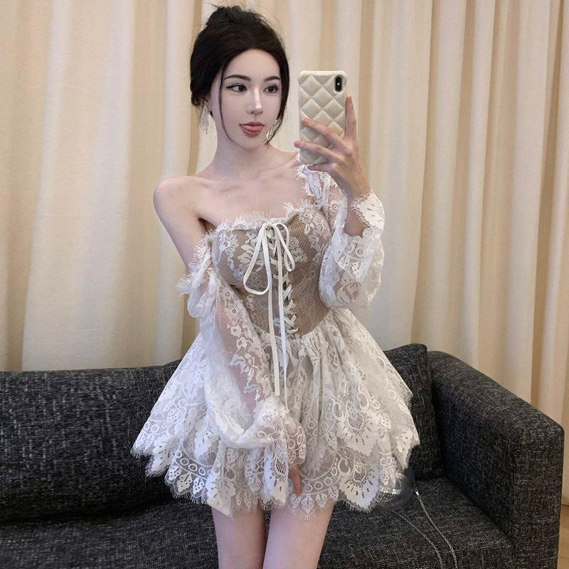 dress to impress Autumn Sexy Halter Long Sleeve Waist Lace Cake Dress