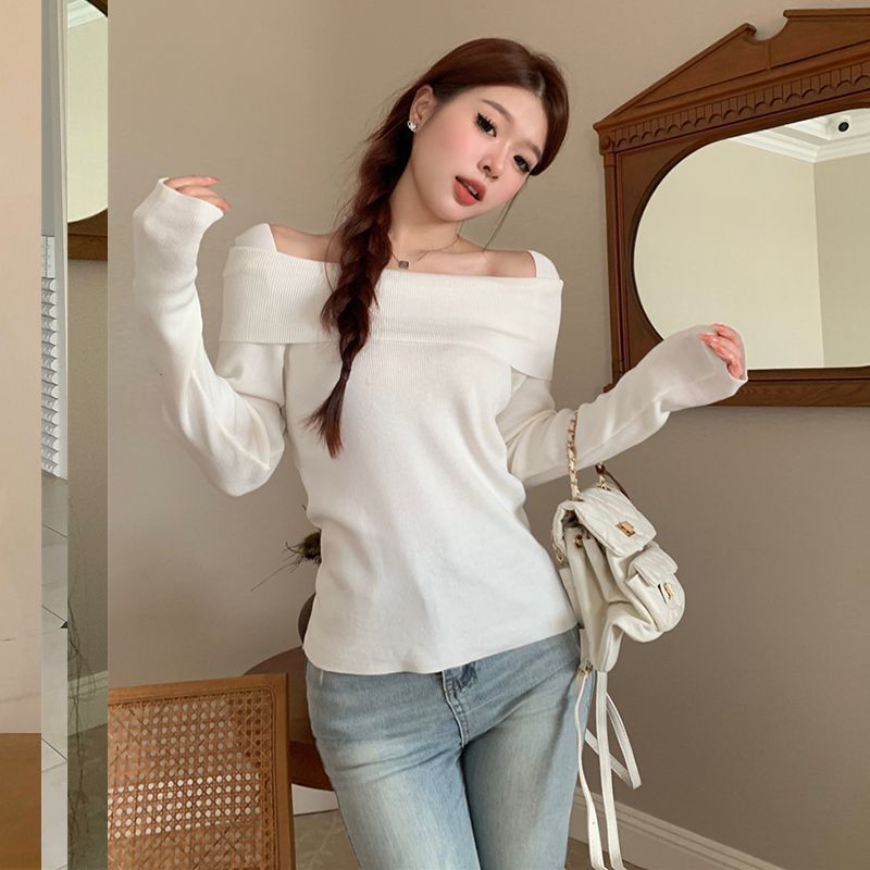 long sweater dress outfit Striped Temperament off-Shoulder Sweater Women's Autumn Slim Slimming Gentle Bottoming Sweater Top