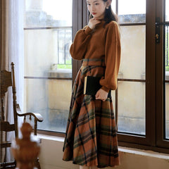 fall outfits women aesthetic Half Turtleneck Brown Lantern Long Sleeve Sweater + Plaid Woolen Skirt Suit Retro Two-Piece Set