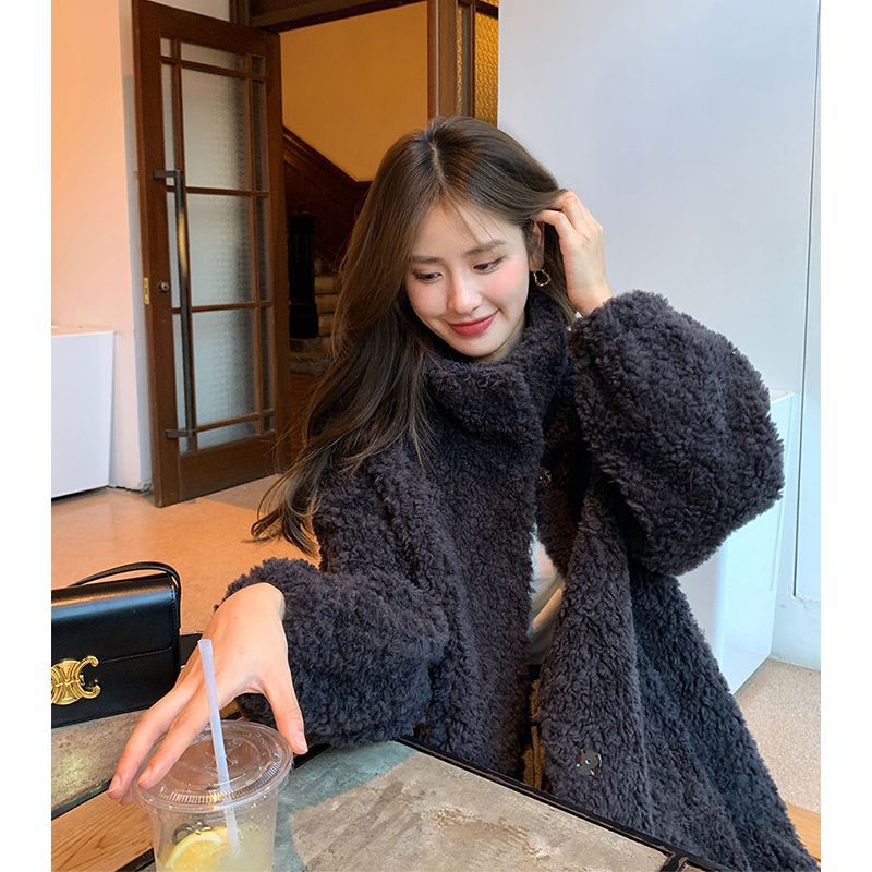 simple winter outfits Maillard Small Teddy Wool Stand Collar Coat Long Cashmere Lamb Fur Coat Thickened Loose