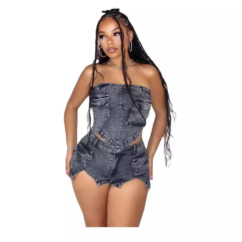 outfit Casual Fashion Sexy Solid Color Sleeveless Tube Top High Waist Denim Shorts Suit