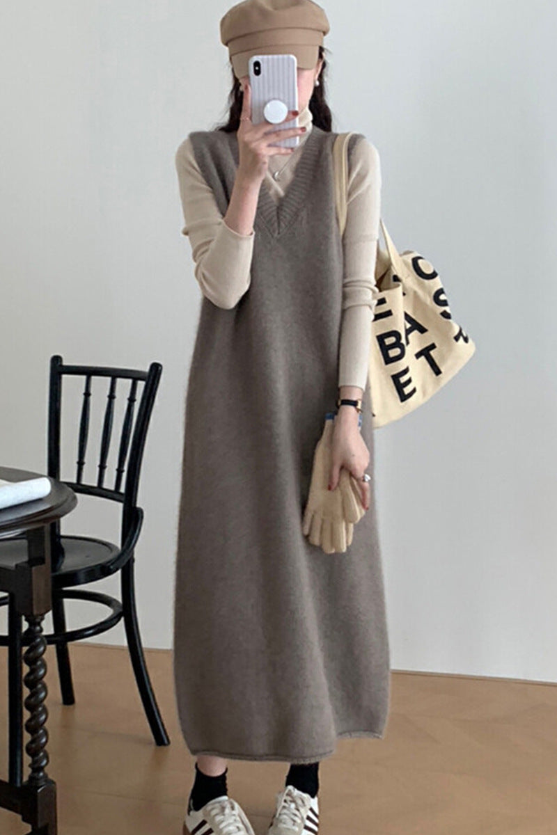 dress to impress outfits V-neck Long Vest Sleeveless Sweater Dress Women's Autumn and Winter Loose Belly Covering Temperament Mid-Length Knitted Skirt
