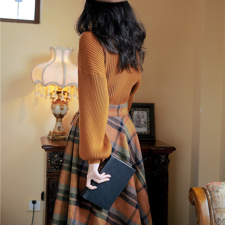 fall outfits women aesthetic Half Turtleneck Brown Lantern Long Sleeve Sweater + Plaid Woolen Skirt Suit Retro Two-Piece Set
