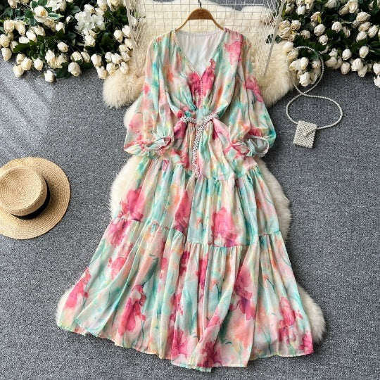 android vs cyberborg dress to impress French Elegant Elegant Dress Women's High-Grade Lantern Sleeve Waist Slimming V-neck Printed Ruffled Dress