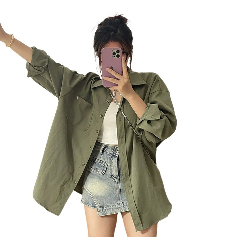 outfit ideas Retro Green Shirt Cardigan Coat for Women Spring and Autumn New Loose Long Sleeve Loose Top Shirt