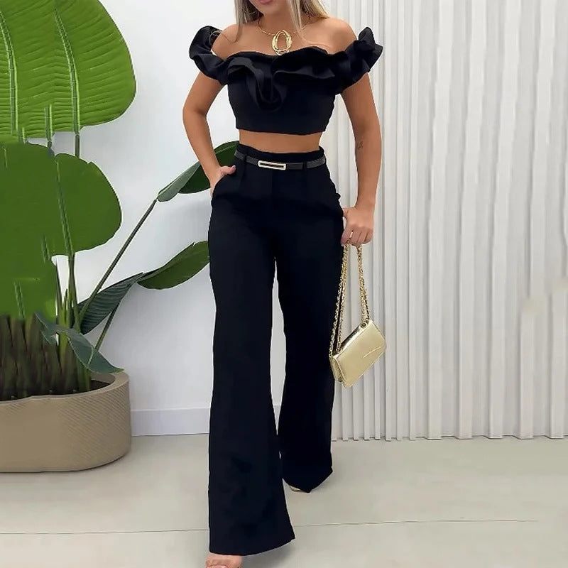 summer outfits inspo Summer New Women's Clothing Solid Color off-the-Neck Navel Top Sweet and Spicy Style Two-Piece Set