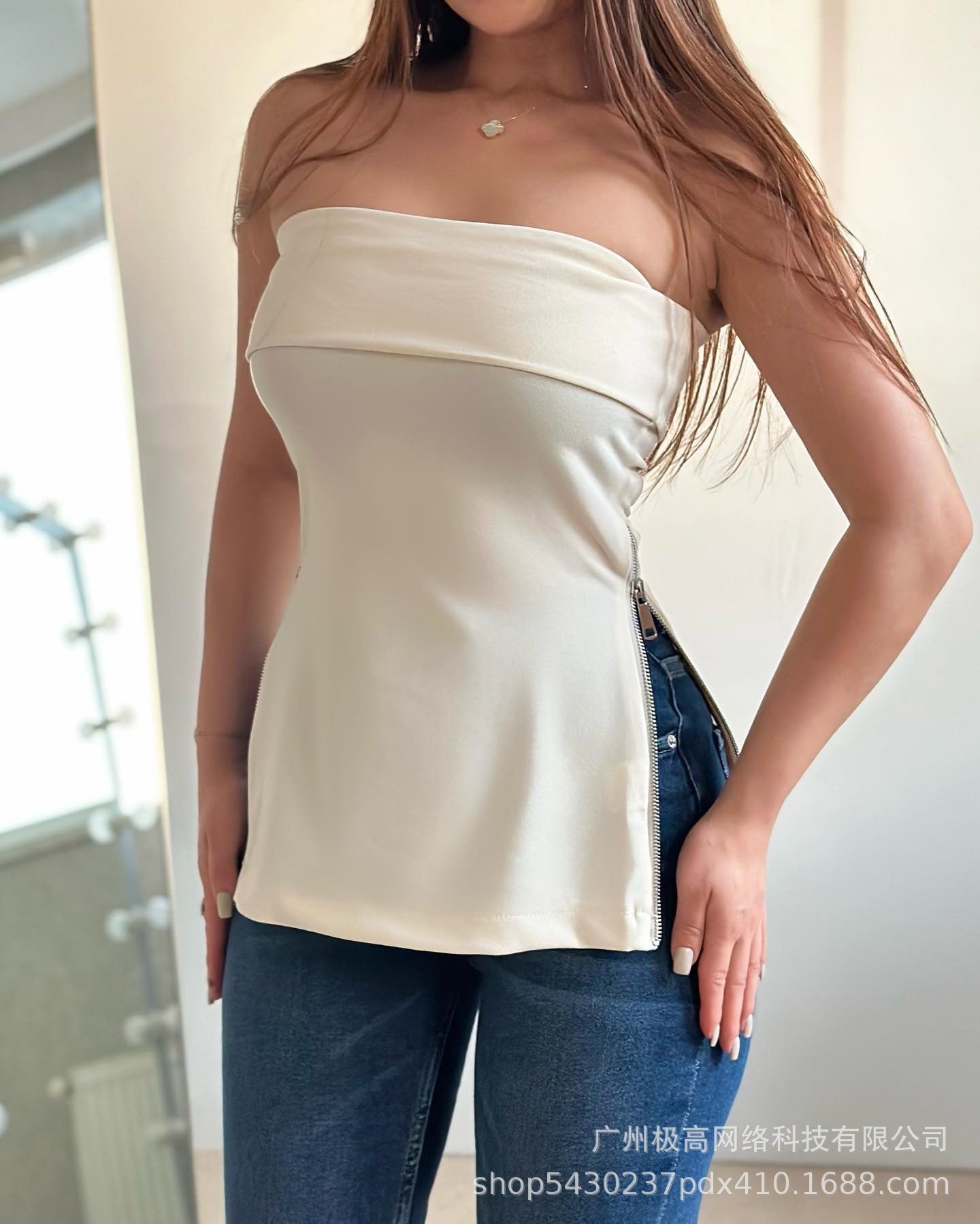 going out outfits Women's New White Apricot Sexy Side Slit Tube Top