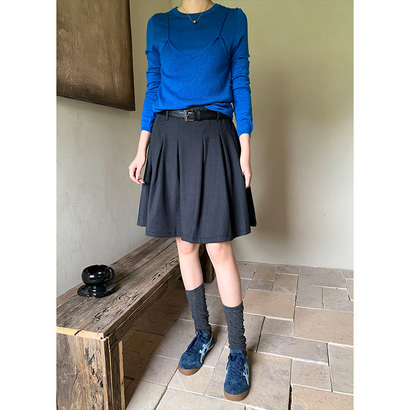 work outfits women Shirt British Autumn Retro Backtracking Wear Not Greasy A- line Wide Waist Head All-Match Pleated Half Skirt