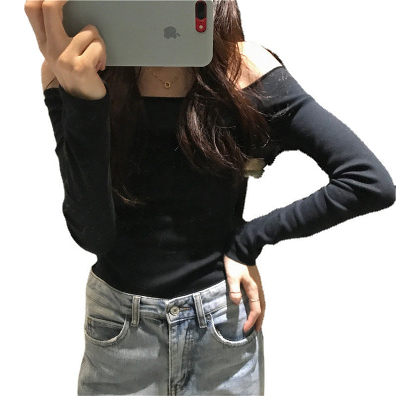 outfit inspo fall off-Shoulder Thread Top for Women Autumn New Design Sense Niche Short T-shirt Hot Girl Long Sleeve Bottoming Shirt