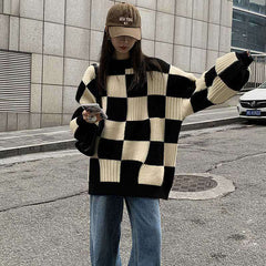 fall outfits aesthetic Chessboard Plaid Sweater for Women 2024 Autumn and Winter New Design Sense Niche Top Retro Japanese Style Lazy Style Sweater