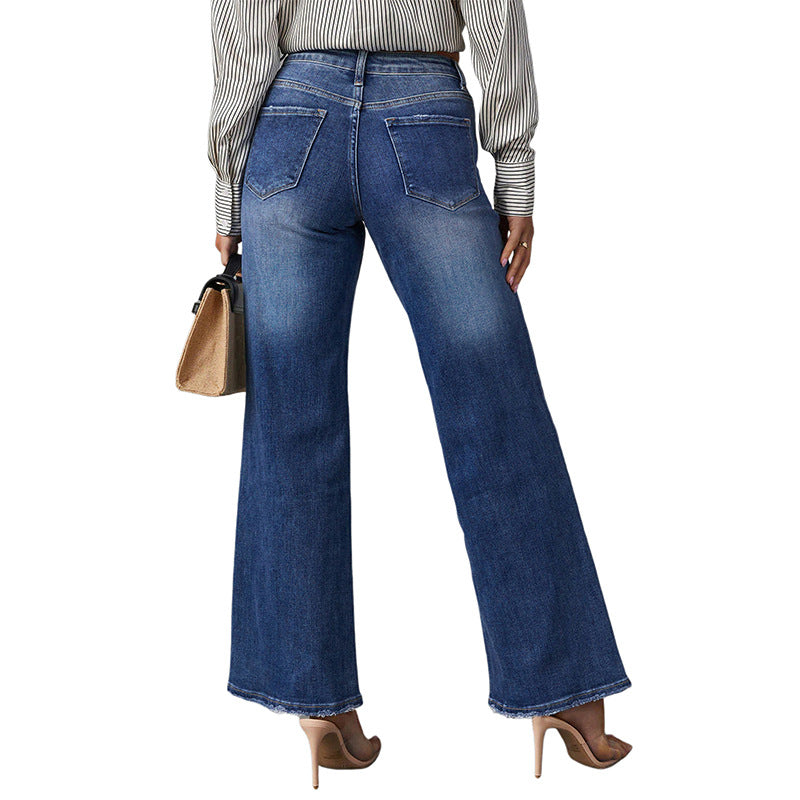 2000s fashion New Washed Dark Blue Straight High Elastic Women's Denim Trousers Super Hot