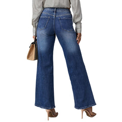 2000s fashion New Washed Dark Blue Straight High Elastic Women's Denim Trousers Super Hot