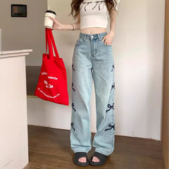 outfit ideas for school Street Korean Style Washed High Waist Side Vertical Bow Loose Wide Leg Jeans Trousers