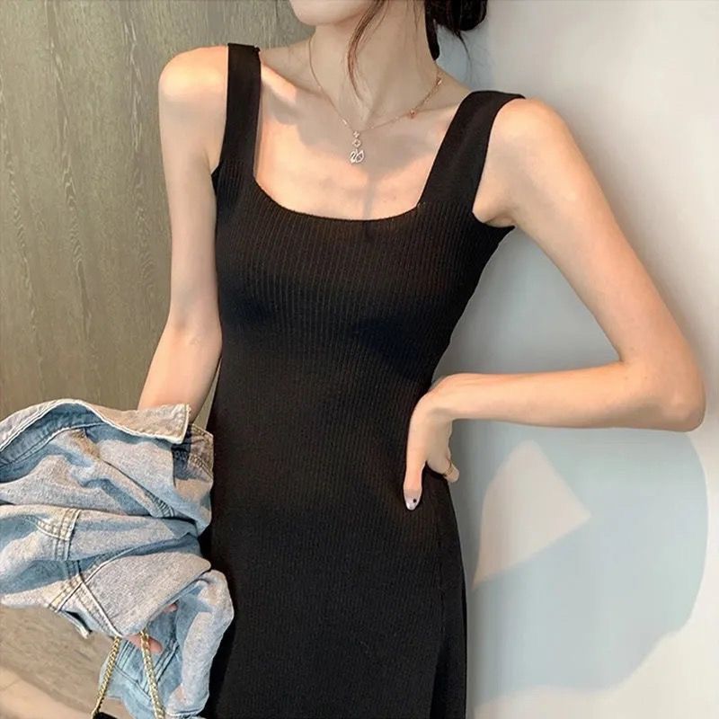 outfit inspo fall Black Suspender Skirt Bottoming Knitted Sling Dress Vest Skirt for Women New Slim Slimming Midi Dress