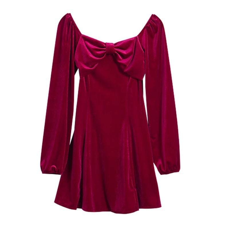 new year outfit French Style Dress New Year Clothes Women's Battle Dress Hepburn Style Velvet Dress Red Retro Square Collar Bottoming Dress