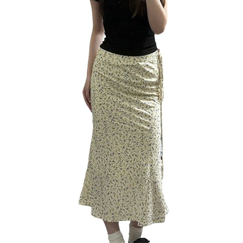 fall outfits women Slim-Fit High Waist Elegant Slimming Midi Skirt Lace-up Hip Skirt French Style Fresh Pastoral Floral Skirt for Women
