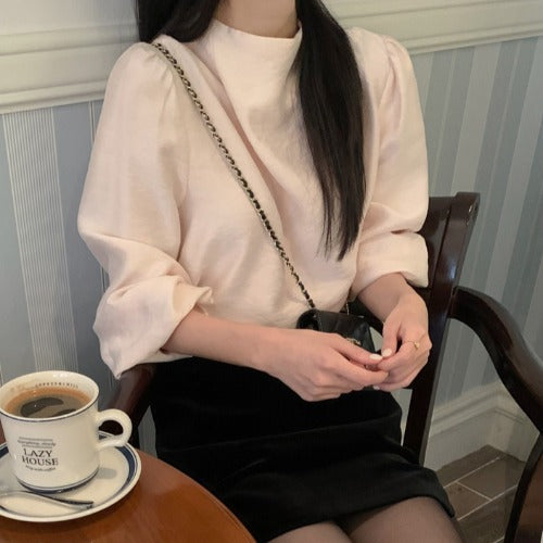 fall outfits 2024 Chic Early Spring Simple Solid Color Loose All-Match Half Turtleneck Puff Sleeve Shirt Women's Western Style Top