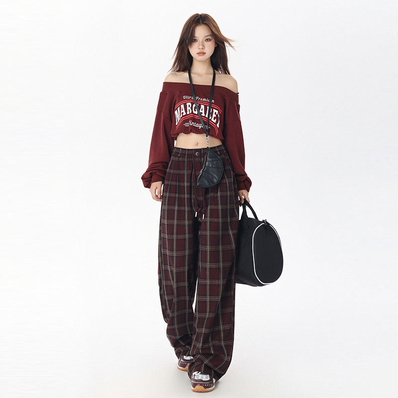 dream clothes Lazy Plaid Wide-Leg Casual Pants for Women Autumn High Waist Slimming Drawstring Fashionable Straight Pants