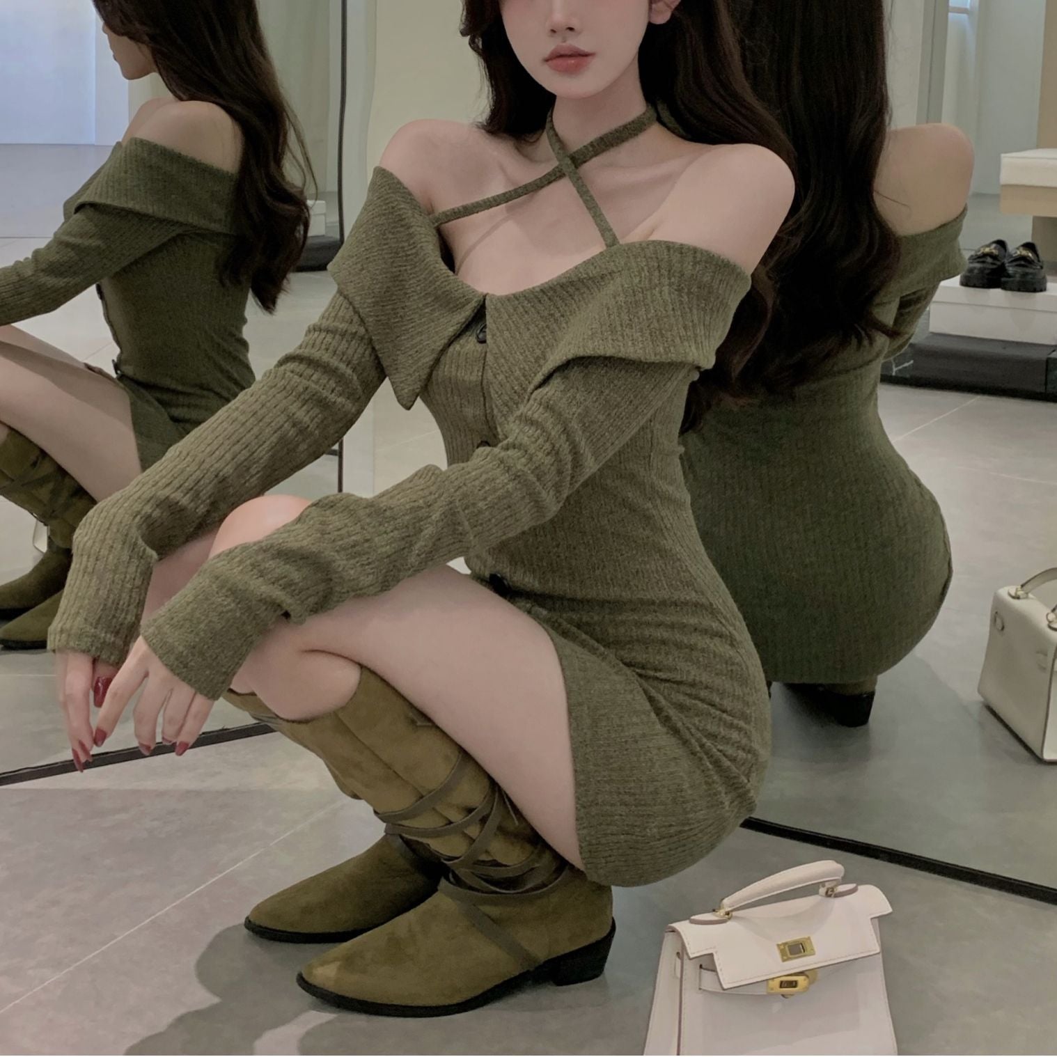 outfit inspo Autumn and Winter New Pure Desire Style Sexy off-Shoulder Halter off-the-Collarbone Slim Knit Long Sleeve Dress