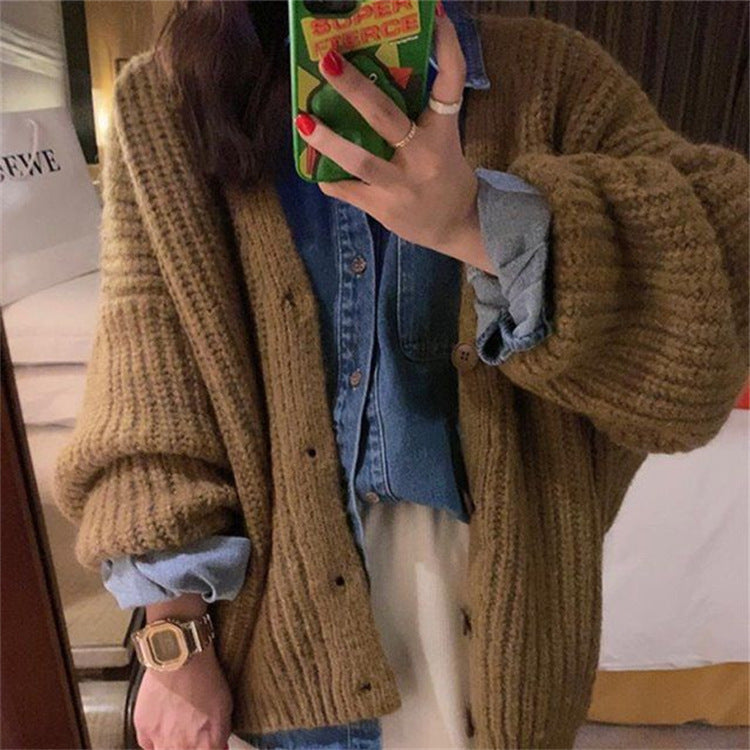 fall outfits women Gentle Pink V-neck Sweater Cardigan Women's Loose Sweet Knitted Lazy Style Coat