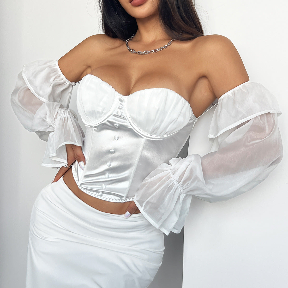 going out outfits French Fashion Satin High-Grade Pleated Steel Ring Fishbone Mesh Flared Sleeve off-the-Shoulder Hot Girl Top