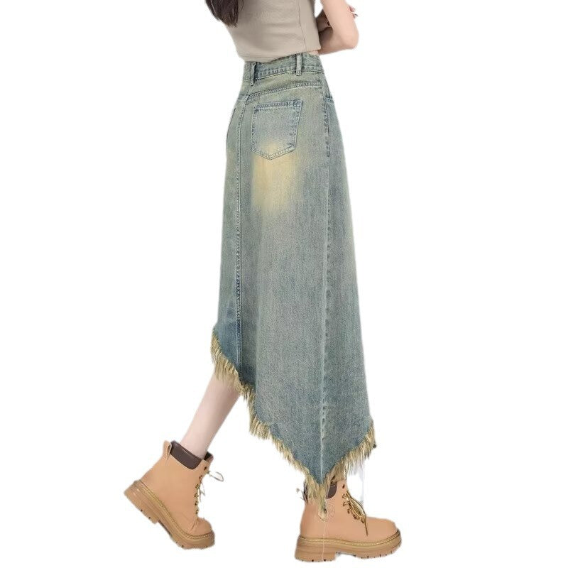 skirt outfits 2024 New Summer Irregular Frayed Denim Skirt Women's Distressed Design Versatile Mid-Length Skirt Fashion