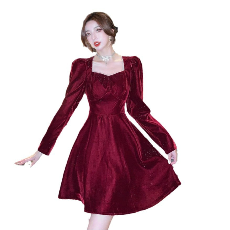 new year outfit Ankela Red Velvet Dress Women's Autumn and Winter with Overcoat Elegant Big Bow Christmas Banquet High-End Dress