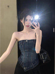 outfit Hot Girl Style Sexy Slim Fit Slimming Denim Tube Top High Waist A- line Pleated Skirt Women's Spring Two-Piece Set