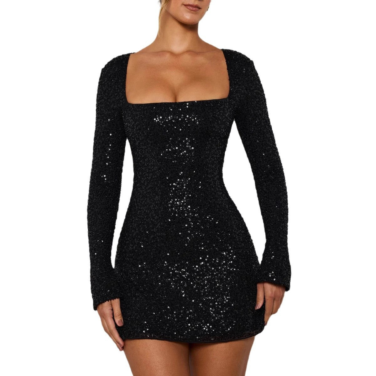 work holiday party outfit Dress for Women Autumn 4 Style Socialite Elegant Square Collar Party Party Sequined Dress
