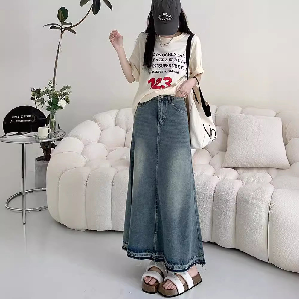90s fashion Autumn New Women's Retro Frayed Denim Skirt High Waist Slimming A- line Large Swing Dress Sexy