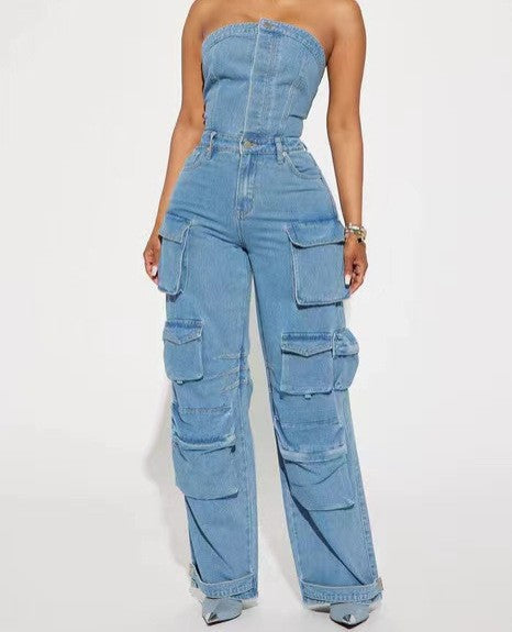 usher concert outfit ideas New Fashion Street Style Tube Top Tight Waist Slimming Hot Girl Multi-Pocket Denim Overalls Jumpsuit