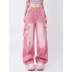 going out outfits High Street Niche Cute Pink Straight Jeans Women's Spring and Summer High Waist Slimming Draping Loose Wide Leg Pants