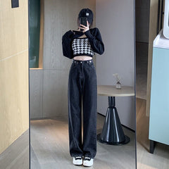 casual fall outfits High Waist Wide Leg Jeans for Women Spring and Autumn Slimming Draping Loose Straight Lengthened Mopping Pants