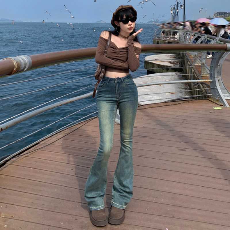 datenight fall outfits Multi-Color Retro High Waist Slim-Fit Stretch Flared Jeans Women's Cropped Trousers Lengthened