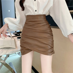 y2k outfits PU Leather Skirt Pleated Skirt Women's Autumn Hot Girl Hip Skirt Slightly Fat Girl Sexy A- line Skirt