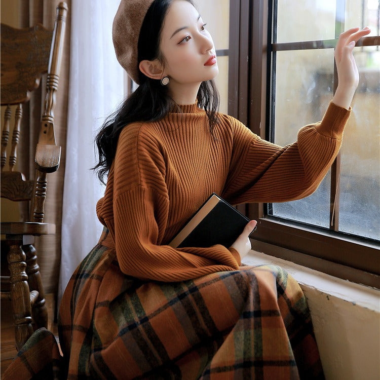 fall outfits women aesthetic Half Turtleneck Brown Lantern Long Sleeve Sweater + Plaid Woolen Skirt Suit Retro Two-Piece Set