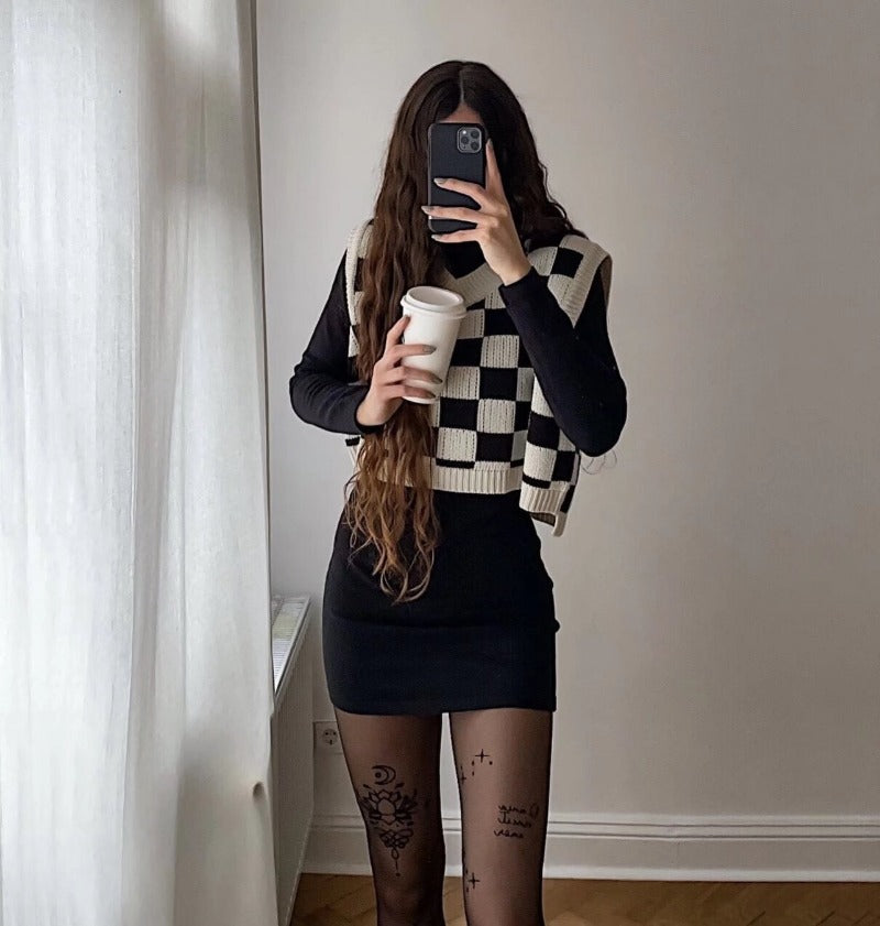 dti outfits Spring New Blogger Casual Pullover Knitted Chessboard Plaid Vest Top