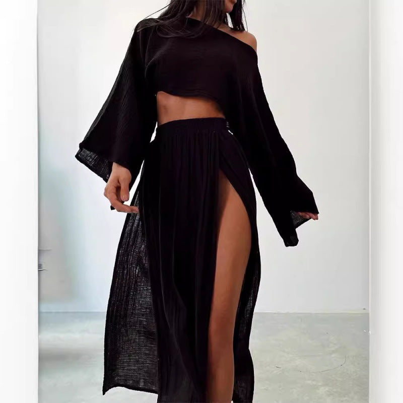 outfit ideas Leisure Vacation Linen Blend Short Top High Waist Chic Slit Cotton Linen Casual Two-Piece Set Suit