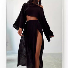 outfit ideas Leisure Vacation Linen Blend Short Top High Waist Chic Slit Cotton Linen Casual Two-Piece Set Suit
