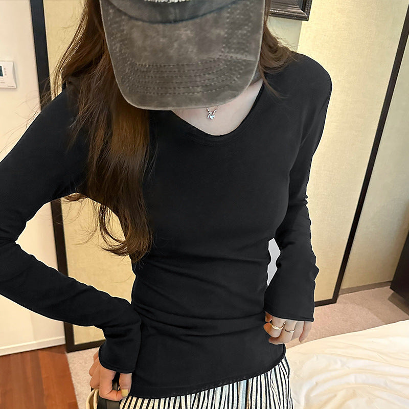 black leggings outfit fall Niche Slim-Fit Slimming Long-Sleeved T-shirt Women's Autumn Soft Glutinous Bottoming Shirt Top