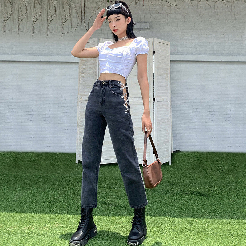 outfits for women Street Shot Trendy Cool High Waist Jeans Personalized Chain Hollow-out Design Loose Slimming Straight Pants for Women Spring